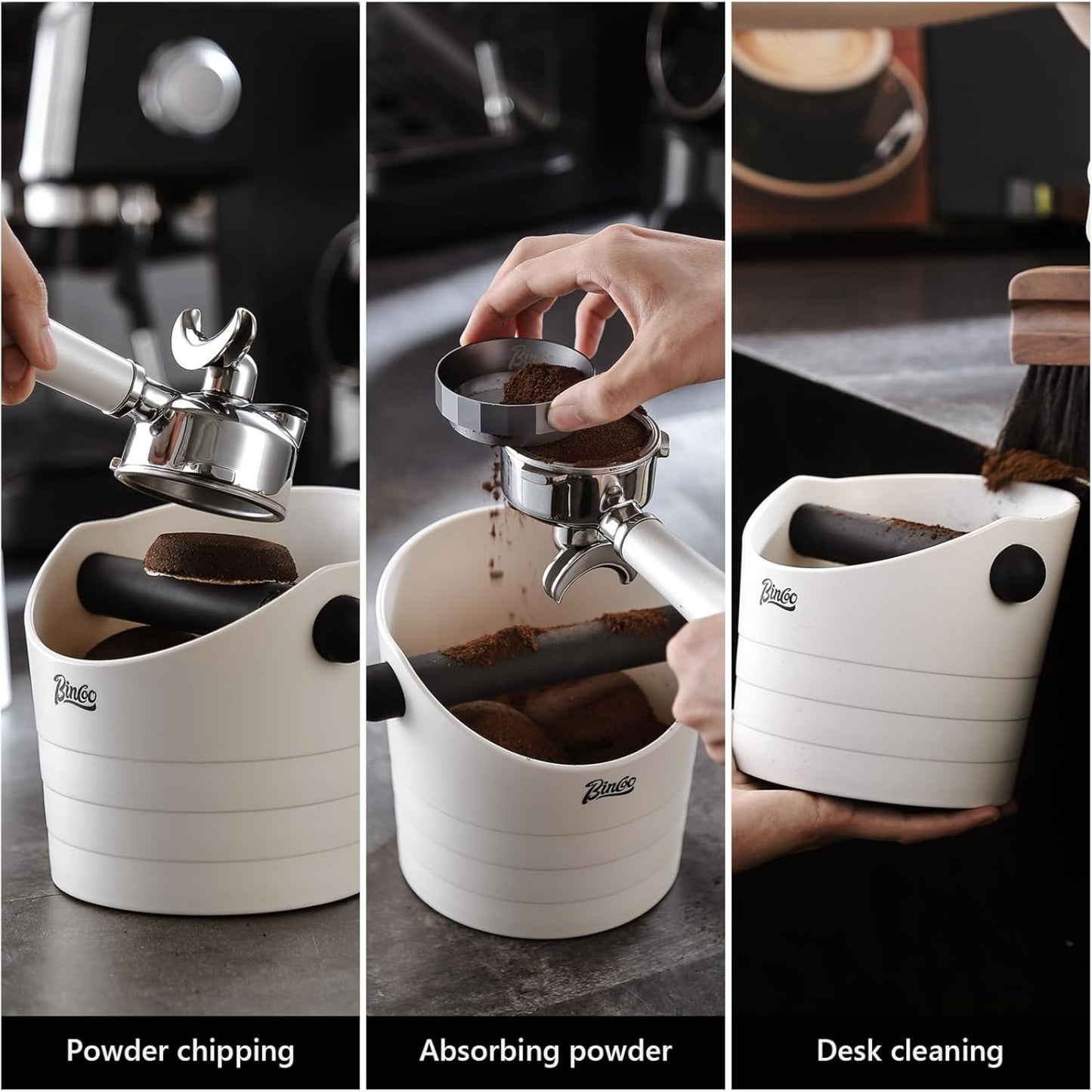Bincoo Coffee Knock Box 6.8 Inch Shock-Coffee Ground Knock Box 1.2L with Removable Knock Bar and Non-Slip Base,Espresso Accessories Suitable for Home & Bar(White)