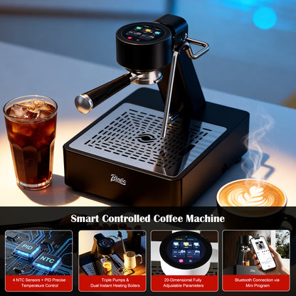 Bincoo Espresso Machine with Touch Screen | 15‑Bar Extraction, Milk Steam Wand, Compact Semi‑Automatic Coffee Maker for Home Barista