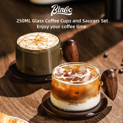 Bincoo Glass Coffee Cups and Saucers Set,250ML Clear Glass Iced Coffee Mug Espresso Cup Tea Cup with Walnut Coaster and Handle (Clear)