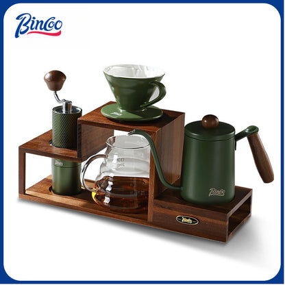 BINCOO Solid Wood Coffee Hand Brewing Kettle Storage Stand Set with Manual Coffee Grinder Glass Pour-Over Pot with Filter Cup Set Coffee Brewing Equipment Set