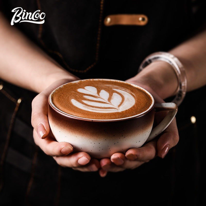 BINCOO Ceramic Cup Coffee Mug Professional Latte Art Cup Embossed Mug Tasting Cup with Milk Frother