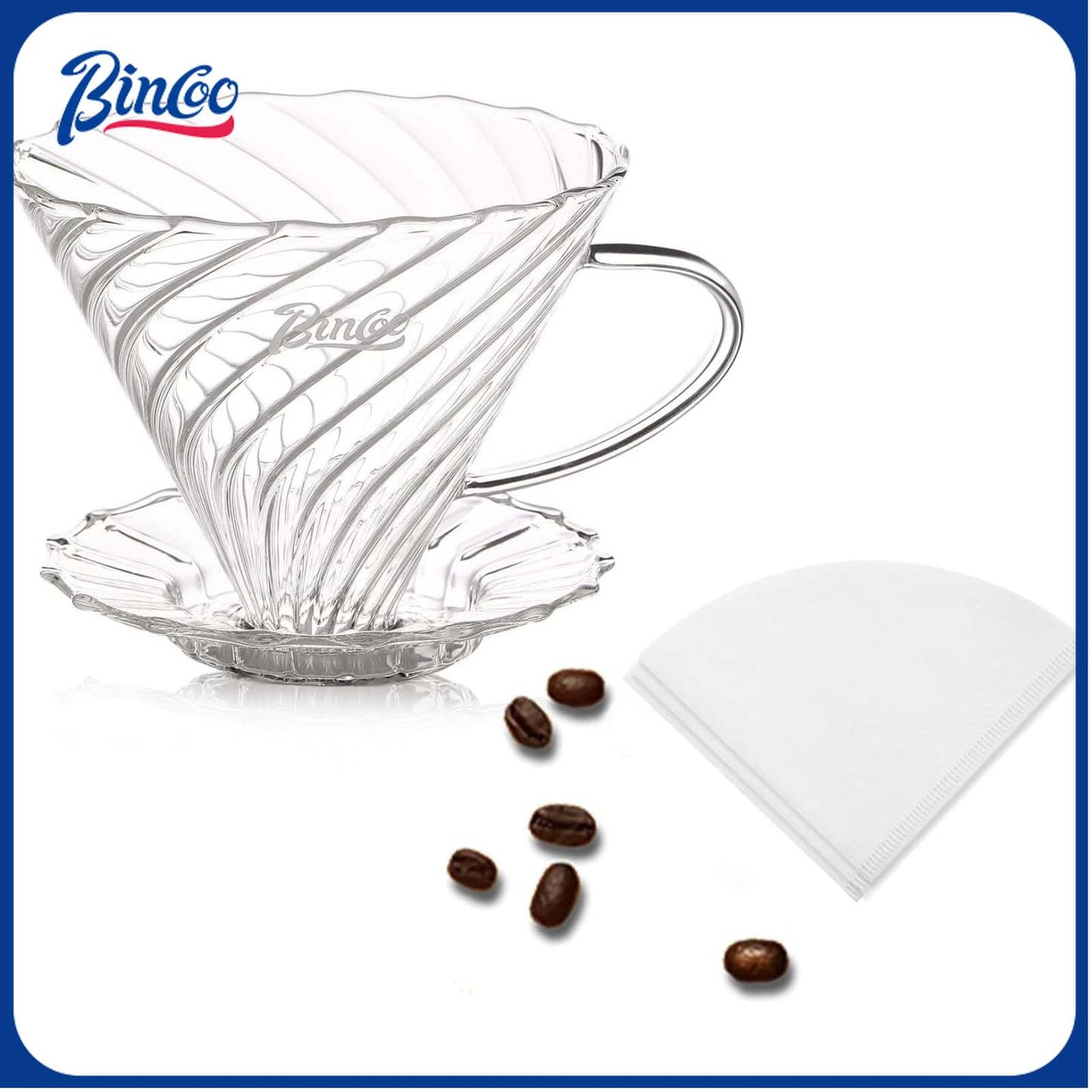 Bincoo Coffee Dripper,with 40 coffee filters Resuable Pour Over Coffee Maker With Handle, Slow Brewing Coffee Pour Over for Cafe, Travel, Home&Offices, 01 (Borosilicate Glass, 1-2 Cups(V01)