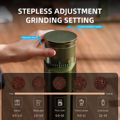 Bincoo DM09 Electric Coffee Grinder with CNC Steel Burr,Stepless Adjustable Settings Coffee Bean Grinder, Compact Design, Quiet Operation – For Espresso,Pour Over,French Press(Green)