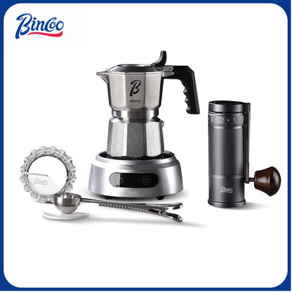 BINCOO Three-Valve Moka Pot Set 316 Stainless Steel Coffee Maker Complete Set with Grinder Compact Home-Use Italian Espresso Pot 2Cups