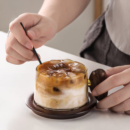 Bincoo Glass Coffee Cups and Saucers Set,250ML Clear Glass Iced Coffee Mug Espresso Cup Tea Cup with Walnut Coaster and Handle (Clear)