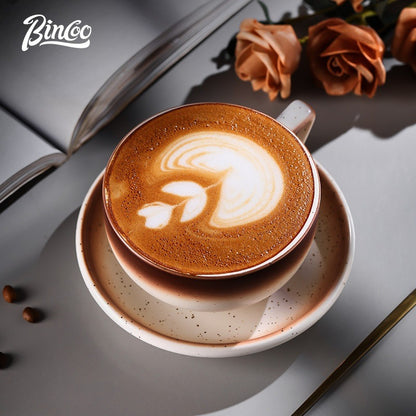 BINCOO Ceramic Cup Coffee Mug Professional Latte Art Cup Embossed Mug Tasting Cup with Milk Frother