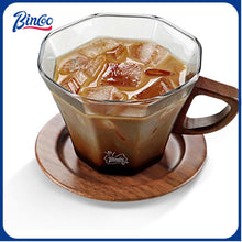 Bincoo GYJ60396 Glass Mug with Wooden Handle and and Saucer Set-280ML Glass Coffee Cup Heat Resistant Lightweight Tea Mugs Ideal for Home, Cafe, Coffee Bar(Grey)