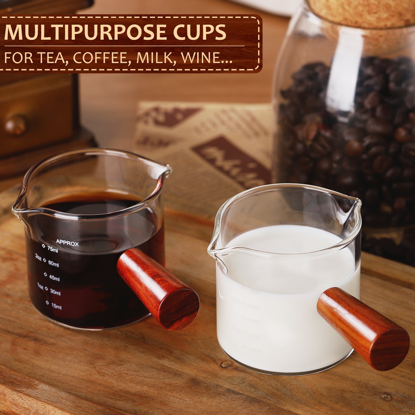 Bincoo GYKF0141 100ML Espresso Shot Glass with Wood Handle - Double Spout Measuring Cup for Perfect Latte Art, Dishwasher Safe, Easy-Pour Design (OZ/ML Markings)