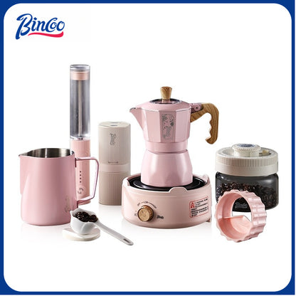 BINCOO Cherry Blossom Pink Moka Pot Dual-Valve Coffee Pot Set Compact Home Coffee Maker with Electric Ceramic Stove 2Cups/4Cups