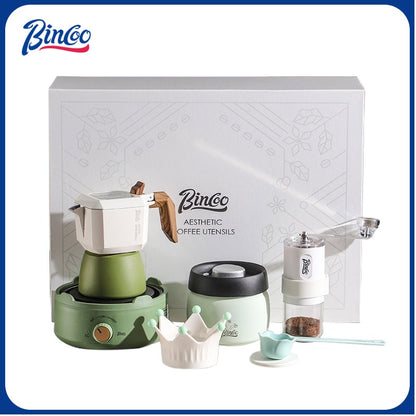 BINCOO Double Valve Moka Pot Gift Set Coffee Pot Manual Grinder Set for Holiday Birthday Best Gift 2Cups