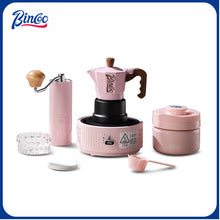BINCOO Pink Three-Valve Moka Pot with Electric Stovetop Manual Coffee Grinder Set Compact Home Coffee Maker Set 2Cups