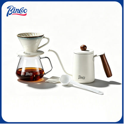 BINCOO Pour Over Coffee Set with Stainless Steel Gooseneck Kettle Glass Server & Ceramic Dripper Ideal for Home & Office Use