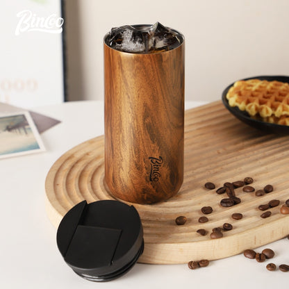 BINCOO Wood Grain Stainless Steel Coffee Cup Insulated Tea Cup Portable Water Cup in Car for Outdoor and Office 550ML/400ML