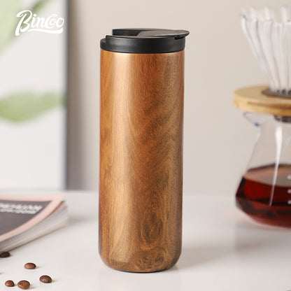 BINCOO Wood Grain Stainless Steel Coffee Cup Insulated Tea Cup Portable Water Cup in Car for Outdoor and Office 550ML/400ML
