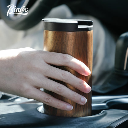 BINCOO Wood Grain Stainless Steel Coffee Cup Insulated Tea Cup Portable Water Cup in Car for Outdoor and Office 550ML/400ML