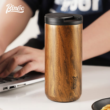 BINCOO Wood Grain Stainless Steel Coffee Cup Insulated Tea Cup Portable Water Cup in Car for Outdoor and Office 550ML/400ML