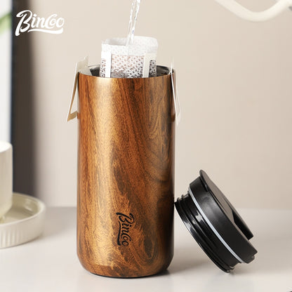 BINCOO Wood Grain Stainless Steel Coffee Cup Insulated Tea Cup Portable Water Cup in Car for Outdoor and Office 550ML/400ML