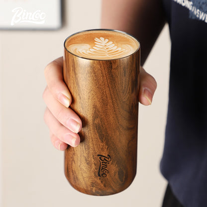 BINCOO Wood Grain Stainless Steel Coffee Cup Insulated Tea Cup Portable Water Cup in Car for Outdoor and Office 550ML/400ML
