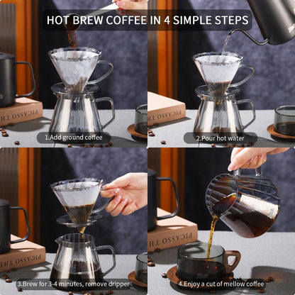 BINCOO Hand Brewed Coffee Set Sharing Pot Household Filter Cup Coffee Utensils for Office and Outdoor Travel 400ML/600ML
