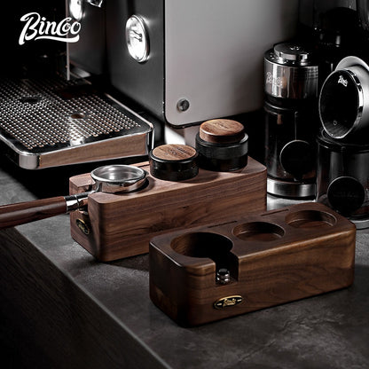 BINCOO Coffee Tamper Station Pressing Powder Base Set Walnut Coffee Pressing Powder Hammer Distributor 51/58MM