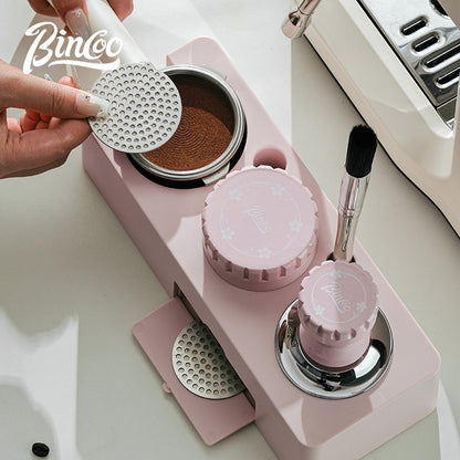 BINCOO Coffee Pink Pressed Powder Hammer Cloth Powder Dispenser Set Coffee Pressed Powder Base Set Multi-Functional Storage Handle Place Holder 51/58MM