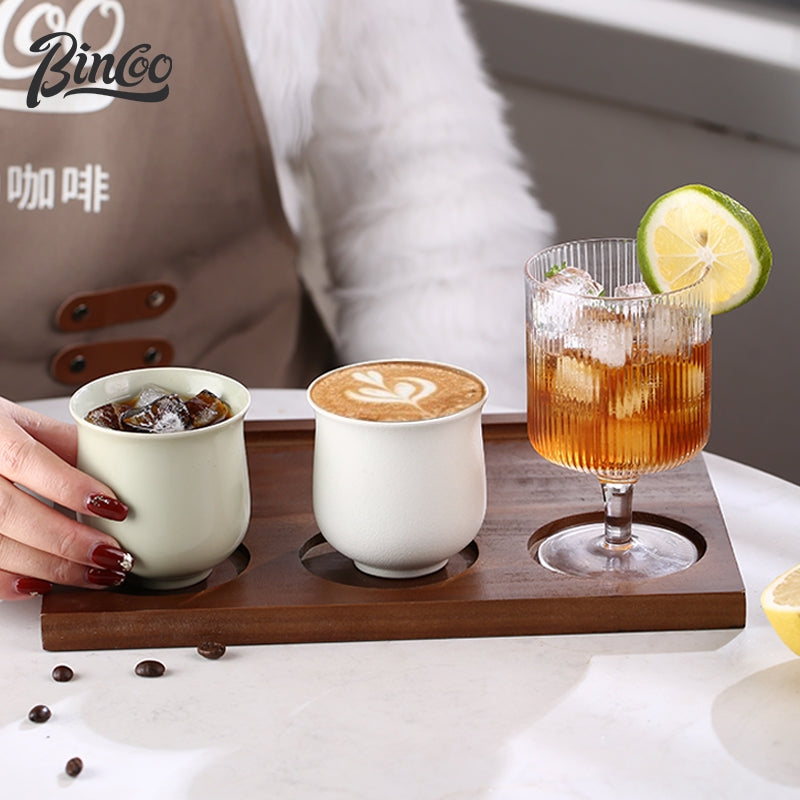 BINCOO Coffee Mugs with Wooden Tray Set Latte Mugs Ceramic Afternoon Tea Mugs Suitable for Home Office 160ML