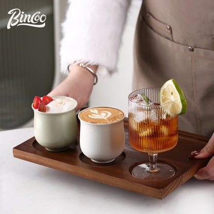 BINCOO Coffee Mugs with Wooden Tray Set Latte Mugs Ceramic Afternoon Tea Mugs Suitable for Home Office 160ML