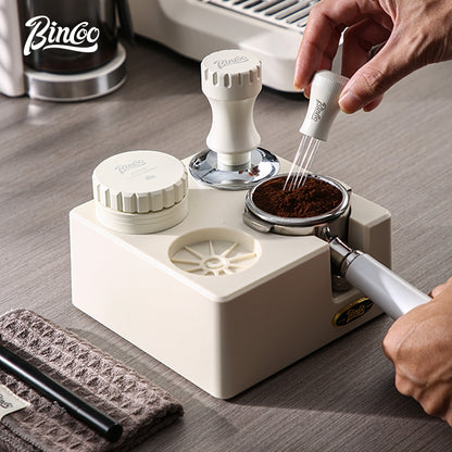 BINCOO Four-hole Coffee Tamping Base Powder Distributor Tamping Hammer Set Coffee Machine Handle Storage Bracket Slag Knocking Bucket Set 51MM/58MM