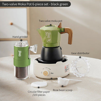 BINCOO Dual-valve Moka Pot Home Espresso Small Coffee Grinder Hand Brew Coffee Pot Set Coffee Utensils 2Cups
