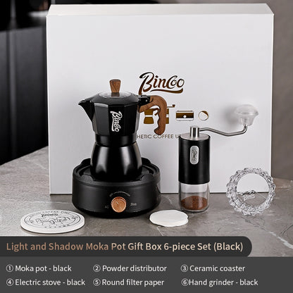 BINCOO Double Valve Moka Pot Complete Gift Box Set Italian Small Home Brewing Coffee Pot Set Holiday Gift Best 2Cups
