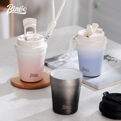 BINCOO Inner Coated Ceramic Thermal Mug Coffee Cup Portable Stainless Steel Straw Mug 280ML