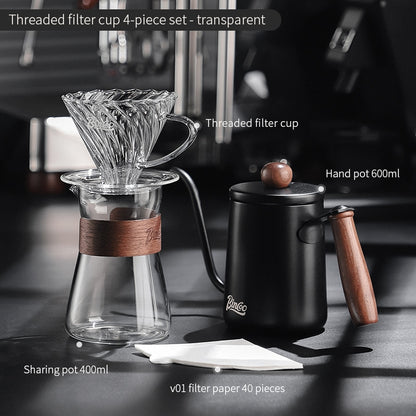 BINCOO Hand Brewed Coffee Filter Cup v60 Borosilicate Glass Heat Resistant Sharing Pot Coffee Utensils Set