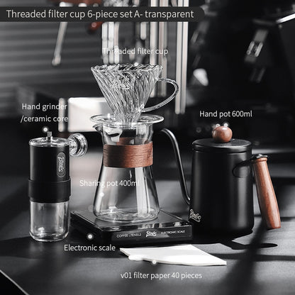 BINCOO Hand Brewed Coffee Filter Cup v60 Borosilicate Glass Heat Resistant Sharing Pot Coffee Utensils Set