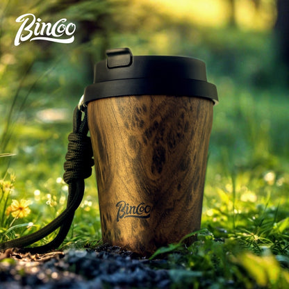BINCOO Wood-grain Inner-coated Ceramic Coffee Cup Stainless Steel Thermos Cup Portable for Outdoor Car Use 280ML/500ML