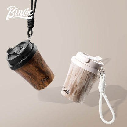 BINCOO Wood-grain Inner-coated Ceramic Coffee Cup Stainless Steel Thermos Cup Portable for Outdoor Car Use 280ML/500ML