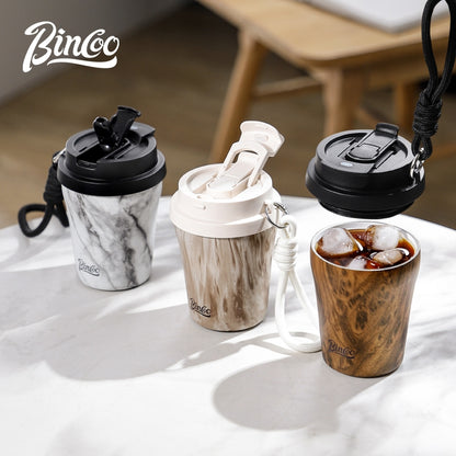 BINCOO Wood-grain Inner-coated Ceramic Coffee Cup Stainless Steel Thermos Cup Portable for Outdoor Car Use 280ML/500ML