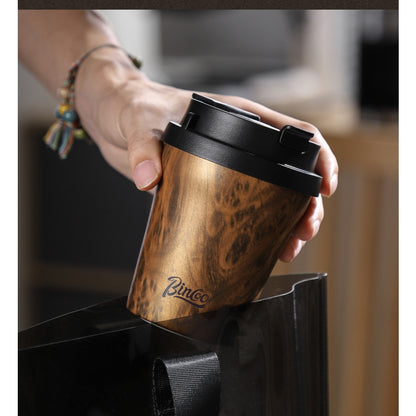 BINCOO Wood-grain Inner-coated Ceramic Coffee Cup Stainless Steel Thermos Cup Portable for Outdoor Car Use 280ML/500ML