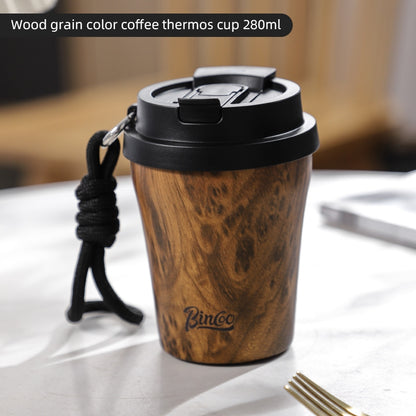 BINCOO Wood-grain Inner-coated Ceramic Coffee Cup Stainless Steel Thermos Cup Portable for Outdoor Car Use 280ML/500ML