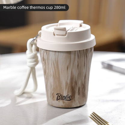 BINCOO Wood-grain Inner-coated Ceramic Coffee Cup Stainless Steel Thermos Cup Portable for Outdoor Car Use 280ML/500ML