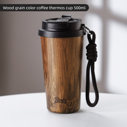 BINCOO Wood-grain Inner-coated Ceramic Coffee Cup Stainless Steel Thermos Cup Portable for Outdoor Car Use 280ML/500ML