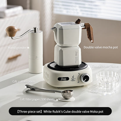 BINCOO Double Valve Moka Pot  with Electric Ceramic Stove Set Household Small Italian Hand Grinding Coffee Machine Coffee Utensil Set 2Cups