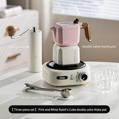 BINCOO Double Valve Moka Pot  with Electric Ceramic Stove Set Household Small Italian Hand Grinding Coffee Machine Coffee Utensil Set 2Cups