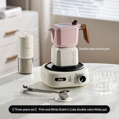 BINCOO Double Valve Moka Pot  with Electric Ceramic Stove Set Household Small Italian Hand Grinding Coffee Machine Coffee Utensil Set 2Cups