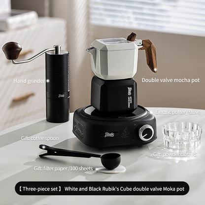 BINCOO Double Valve Moka Pot  with Electric Ceramic Stove Set Household Small Italian Hand Grinding Coffee Machine Coffee Utensil Set 2Cups