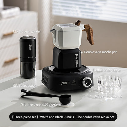 BINCOO Double Valve Moka Pot  with Electric Ceramic Stove Set Household Small Italian Hand Grinding Coffee Machine Coffee Utensil Set 2Cups