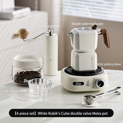 BINCOO Double Valve Moka Pot  with Electric Ceramic Stove Set Household Small Italian Hand Grinding Coffee Machine Coffee Utensil Set 2Cups