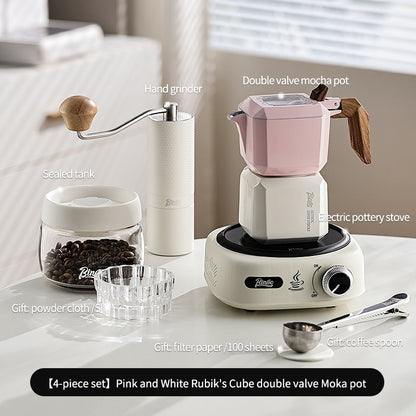 BINCOO Double Valve Moka Pot  with Electric Ceramic Stove Set Household Small Italian Hand Grinding Coffee Machine Coffee Utensil Set 2Cups