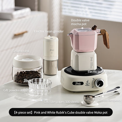BINCOO Double Valve Moka Pot  with Electric Ceramic Stove Set Household Small Italian Hand Grinding Coffee Machine Coffee Utensil Set 2Cups