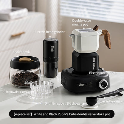 BINCOO Double Valve Moka Pot  with Electric Ceramic Stove Set Household Small Italian Hand Grinding Coffee Machine Coffee Utensil Set 2Cups