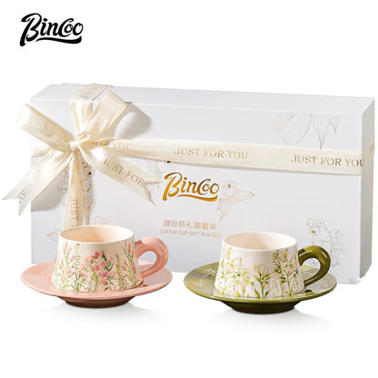 BINCOO Coffee Cup and Saucer Set Ceramic Mug Retro Light Luxury Gift Box for Holidays and Birthdays Best Gift 300ML